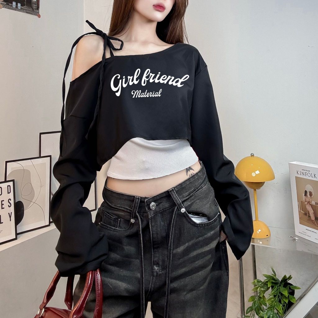 ÁO KAKI LỆCH VAI FORM CROP GIRLFRIENDS PHỐI DÂY TAY DÀI FORM RỘNG FFCLUB MIX | BigBuy360 - bigbuy360.vn