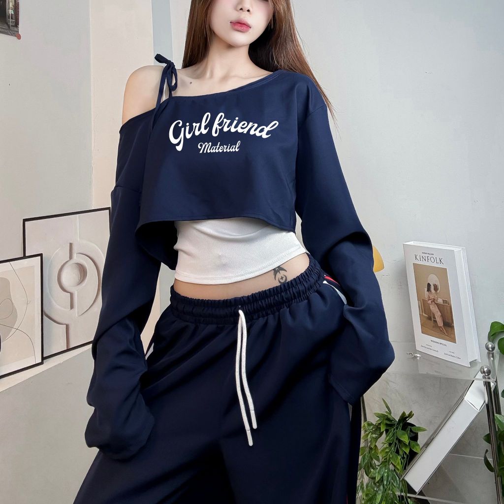 ÁO KAKI LỆCH VAI FORM CROP GIRLFRIENDS PHỐI DÂY TAY DÀI FORM RỘNG FFCLUB MIX | BigBuy360 - bigbuy360.vn