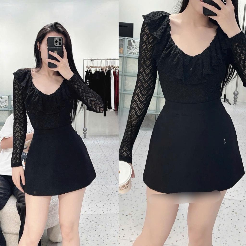 Áo Lưới Ren Hai Lớp Phối Bèo Dáng ÔM BODYThanh Lịch