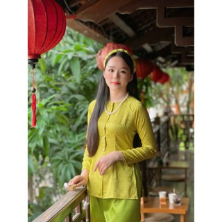 Hân Nguyễn Áo Bà Ba - B.A125 - Áo Bà Ba Gấm Hoa Cúc Nhí Cài Nút Cổ Tròn Tay Dài