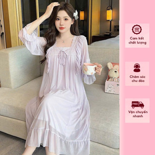 Đầm Ngủ Thu Đông Cổ Vuông Dài Tay, Mẫu Mới Có Đêm Ngực