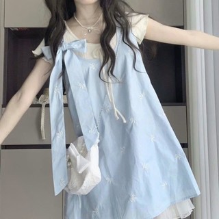 Set áo thun nữ vải mềm kèm váy xuông cột nơ xanh pastel họa tiết nơ nhỏ hàng order Quảng Châu