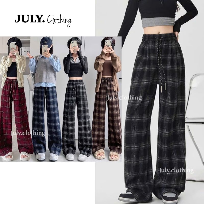 Quần Suông và Baggy Nữ Chất Dạ Mềm Co Giãn Kẻ Caro Cao Cấp Nhà July