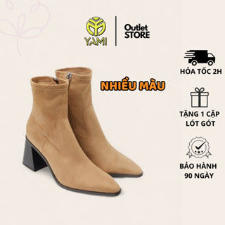 Giày Boot Nữ Vải Nỉ, Bốt Nữ Cao Gót,Ôm Chân Mũi Nhọn Gót Vuông 7cm Màu Đen Nâu Có Big Size, Giày Xuất Xịn YAMI