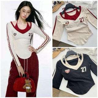 Áo Thun Nữ Croptop Dài tay Kèm Yếm Số 27. Áo dáng ôm body gợi cảm 2 màu đỏ , xanh