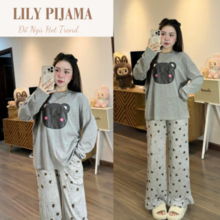 Đồ ngủ nữ Lily áo dài tay in hình gấu xinh xắn cute mix quần suông, đồ bộ nữ pijama mặc nhà cao cấp freesize HCOM3331