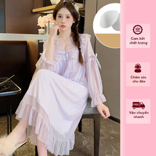 Đầm ngủ mặc nhà cổ V dài tay dành cho nữ, có đệm ngực