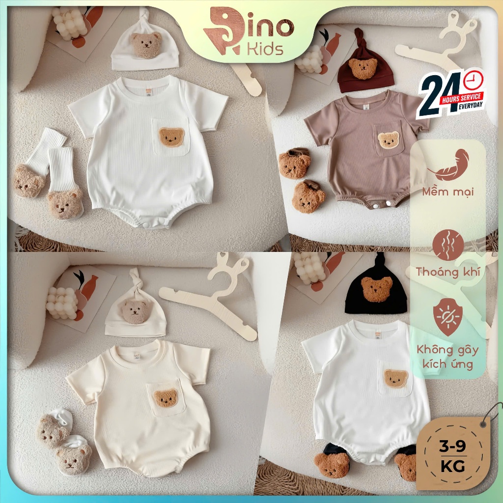 Set Body 3 chi tiết cho bé đầy tháng, thôi nôi 3-9kg. Body kèm nón và tất dễ thương. Dino Kids