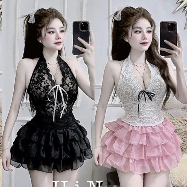 SET ÁO YẾM REN XẺ NGỰC ĐÍNH NƠ PHỐI CHÂN VÁY TẦNG