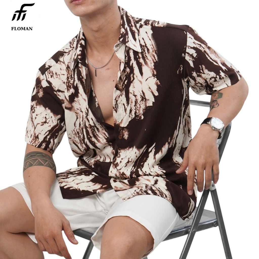Áo sơ mi nam tay ngắn Cuban Dolphin FLO họa tiết nâu kem - AFL14