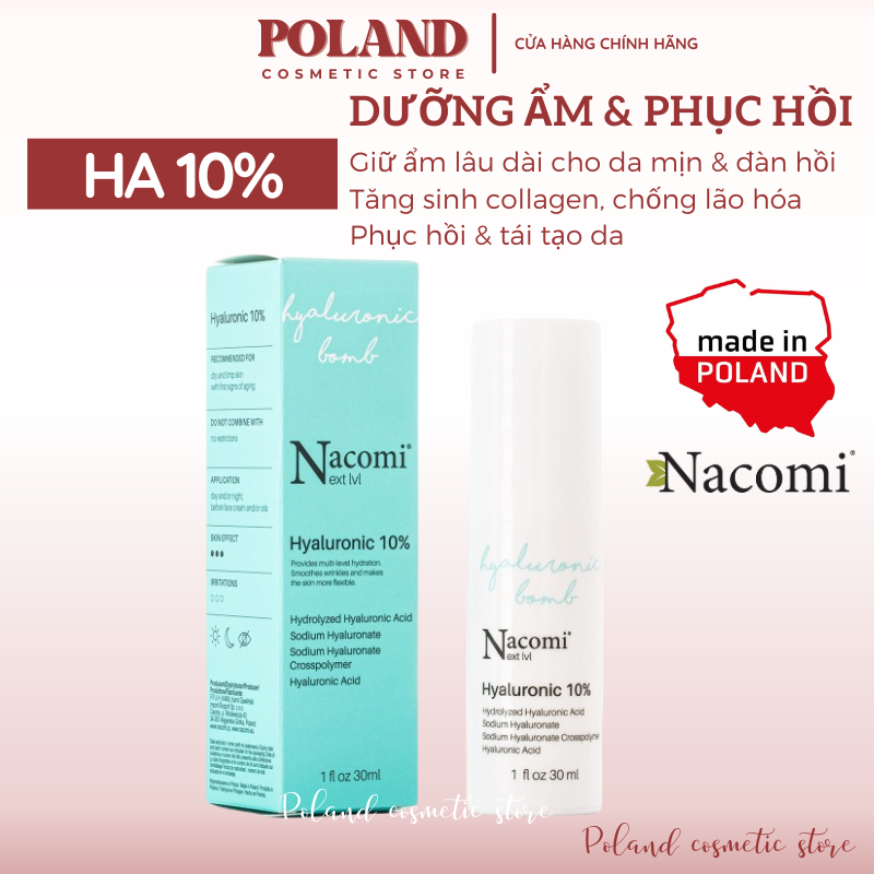 Serum cấp nước dưỡng ẩm Nacomi Hyaluronic chứa HA 10% cho da căng bóng mềm mượt 30ml