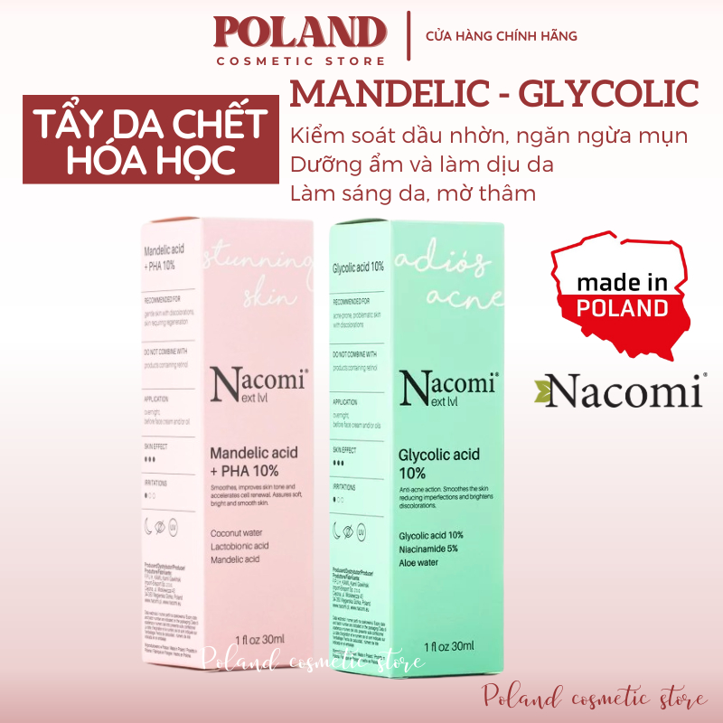 Tẩy da chết hóa học Nacomi với Mandelic acid và Glycolic acid 10% kiểm soát dầu nhờn ngừa mụn 30ml
