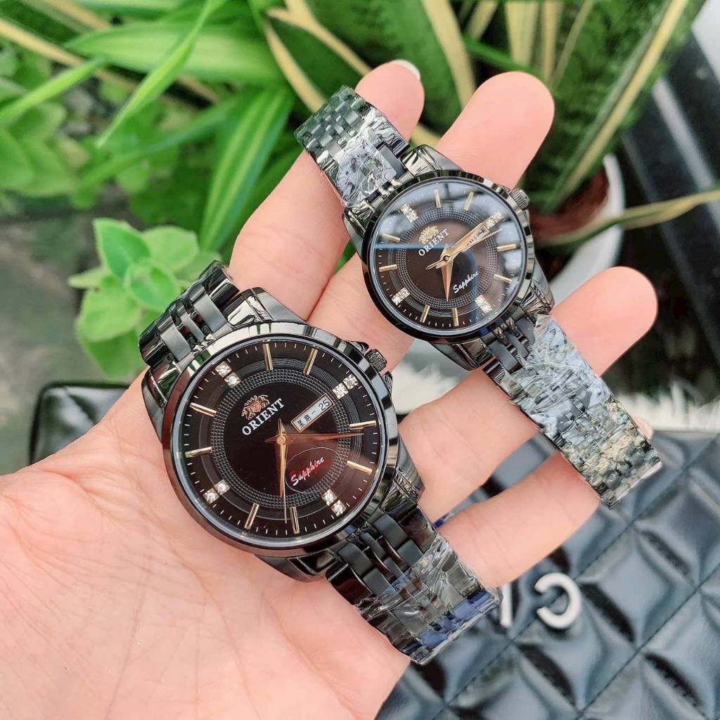 Combo đồng hồ đôi nam nữ đeo tay dây kim loại cao cấp chống nước 0rient nam size 40mm nữ size 30mm f