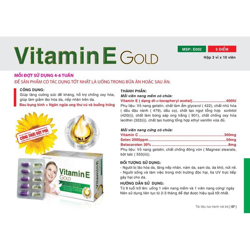 Vitamin E Gold Vshine Hộp 30v  - Hỗ Trợ Làm Đẹp Da, Sáng Da, Giảm Thâm Nám, Tàn Nhan-MAPMC