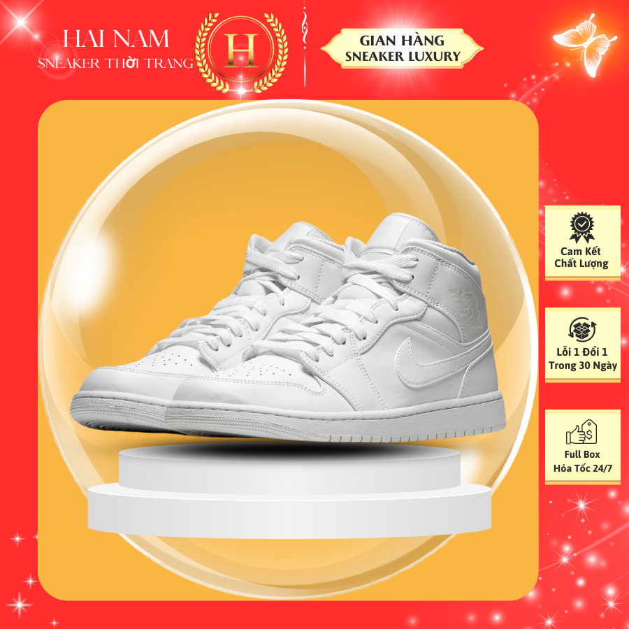 Giày Jordan 1 Mid Triple White, Giày JD1 cổ cao Full Trắng nam nữ full box