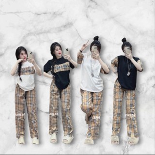 [ Rẻ Vô Địch+ Đủ Size 36-65kg] Sét  bộ nữ áo phông brbr  tay lỡ  + quần kẻ dài mẫu mới