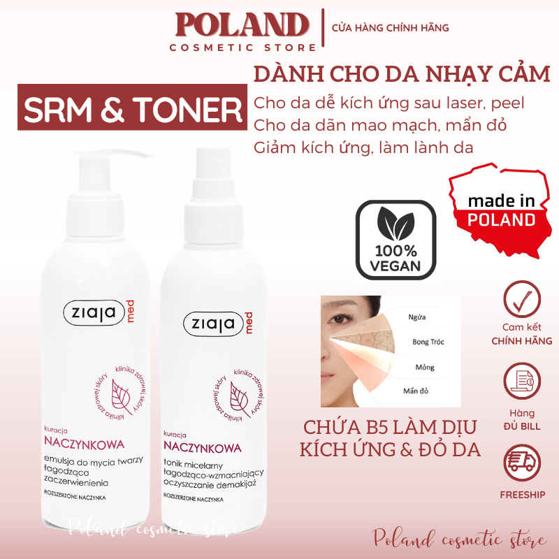 Sữa Rửa Mặt & Nước Hoa Hồng Ziaja Naczynkowa dịu mẩn đỏ, giảm kích ứng, làm lành da và làm sạch cho da nhạy cảm 200ml