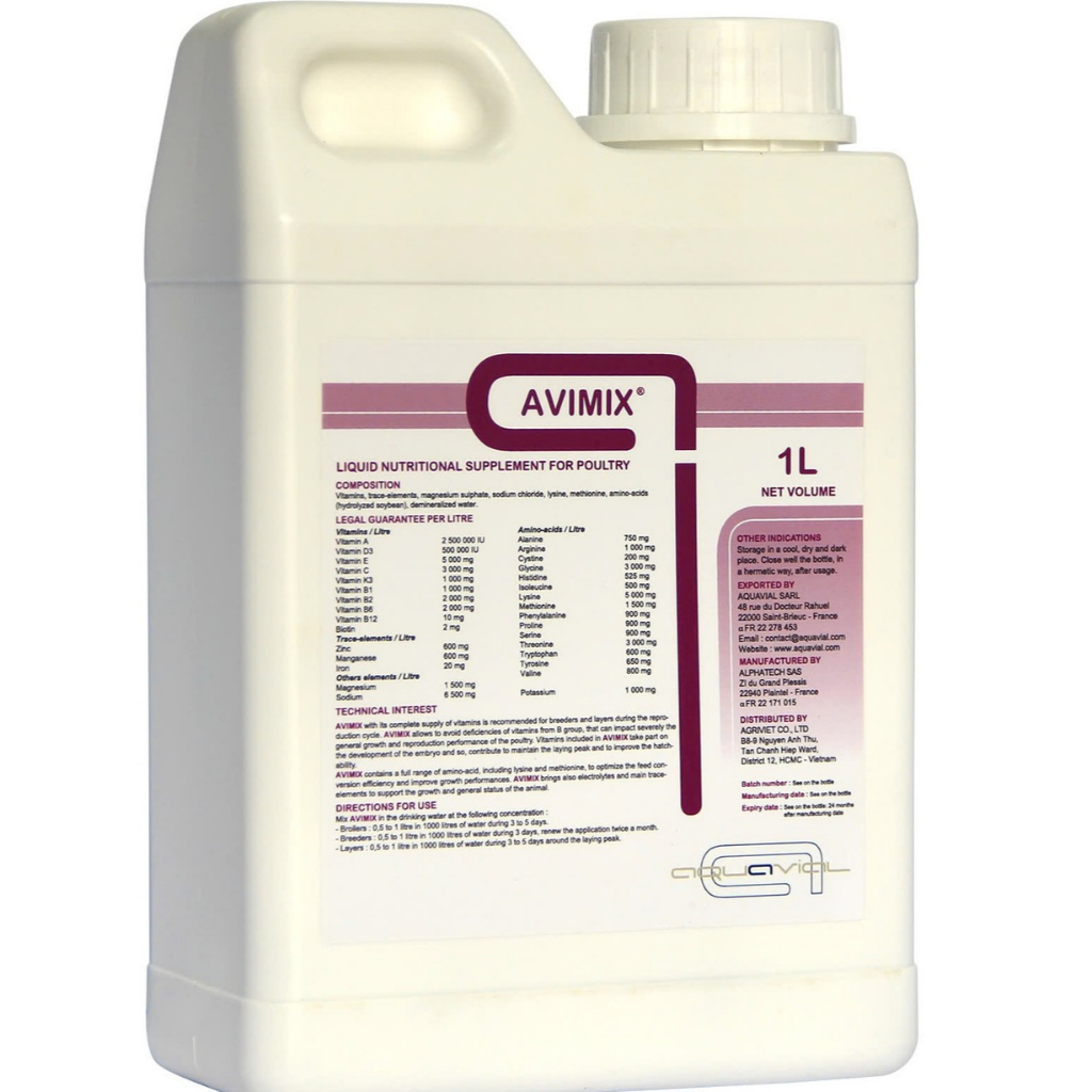 AVIMIX HÀNG PHÁP 1L- Bổ sung các vitamin, khoáng, Đỏ tích, kích mào, tăng trọng nhanh cho gia súc, g