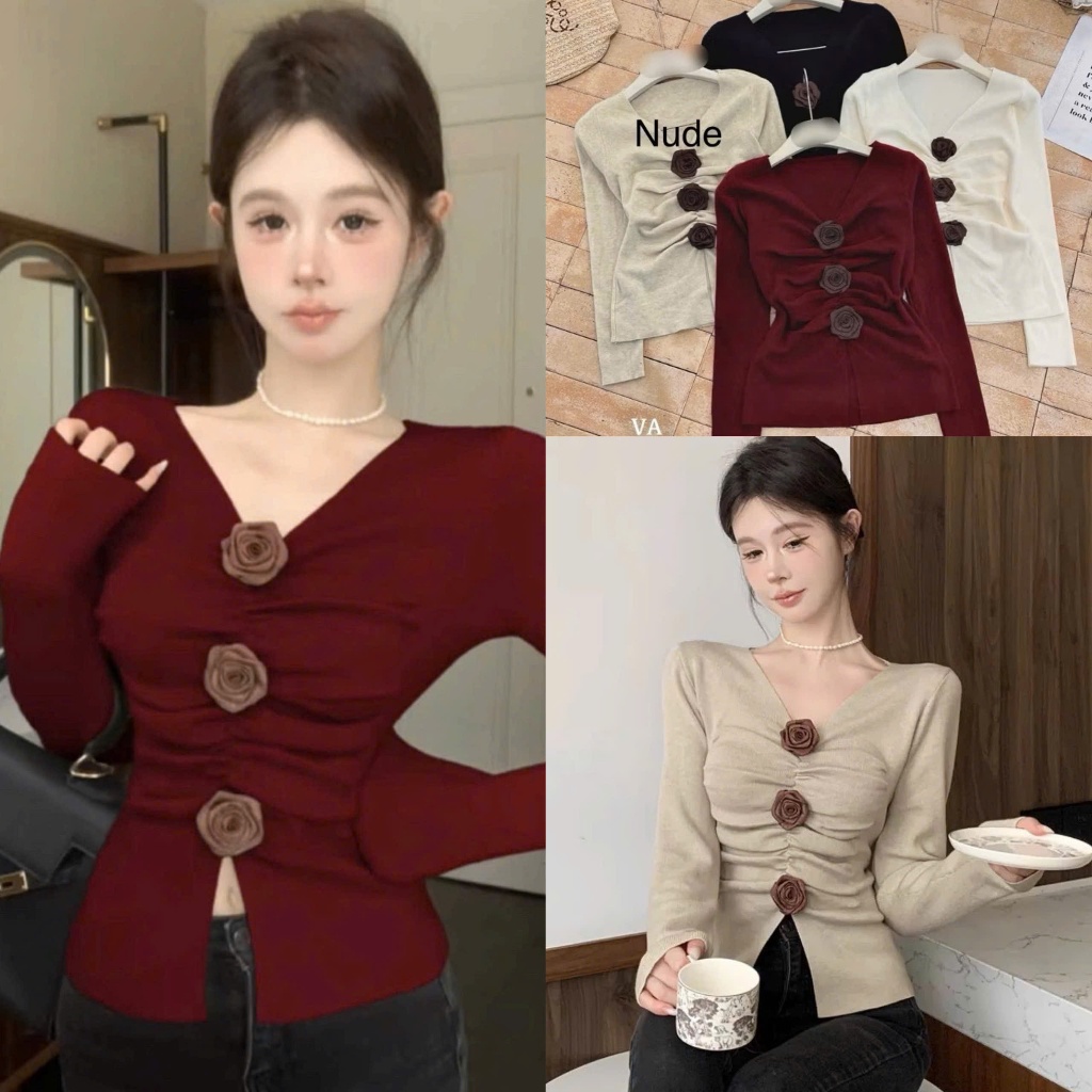 Áo Thun Nữ Dài Tay Chất Len Lông Thỏ Thiết Kế Đính Hoa Thời Trang Cho Nữ A2010