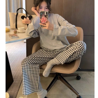  Set đồ ngủ dài tay quần caro ống SUÔNG hách dáng ANHSTORE bộ mặc nhà thu đông full size tới 68kg 