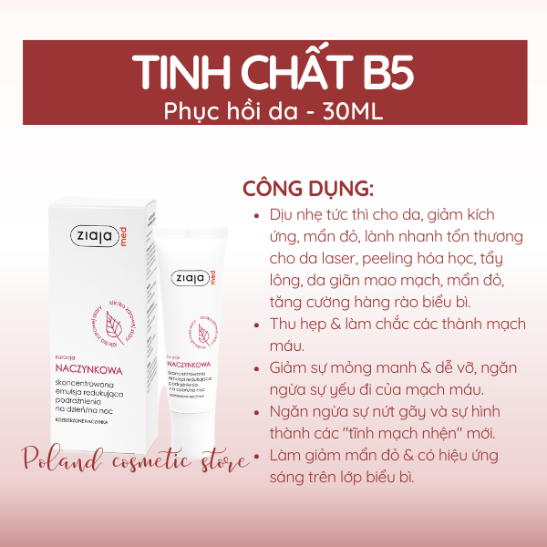 Tinh Chất B5 Phục Hồi Da Ziaja Med Kuracja Naczynkowa Giúp Làm Dịu Da, Giảm Kích Ứng 30ml
