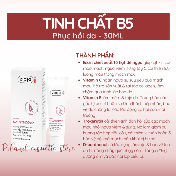 Tinh Chất B5 Phục Hồi Da Ziaja Med Kuracja Naczynkowa Giúp Làm Dịu Da, Giảm Kích Ứng 30ml
