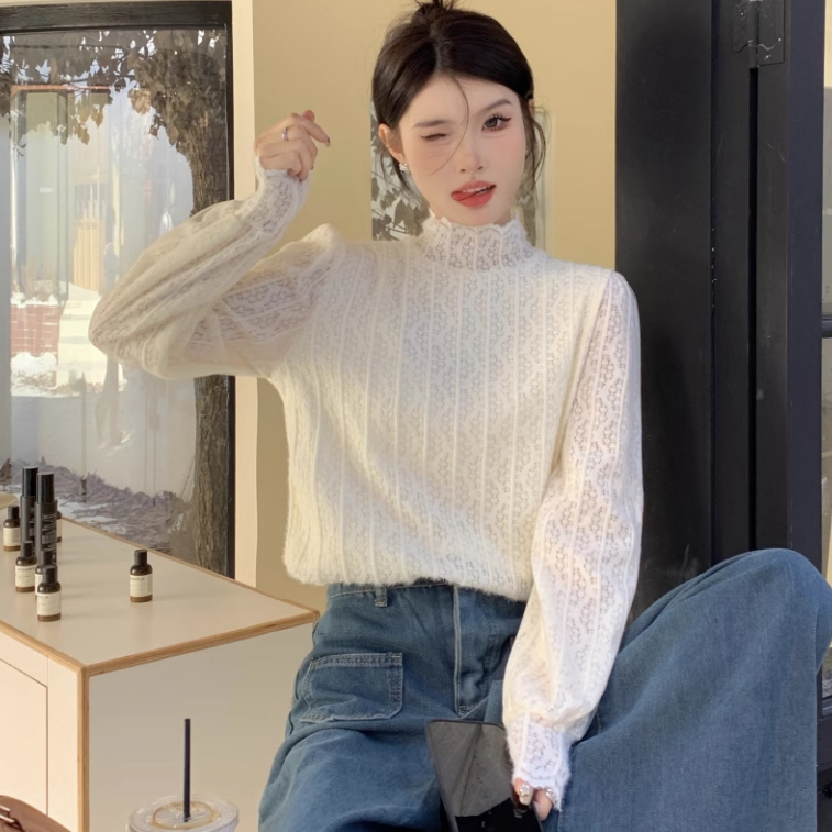 Áo sơ mi ren nữ cổ 3 phân lót lông mịn, áo ren nữ lót nhung ấm thu đông cổ cao tay dài 3351