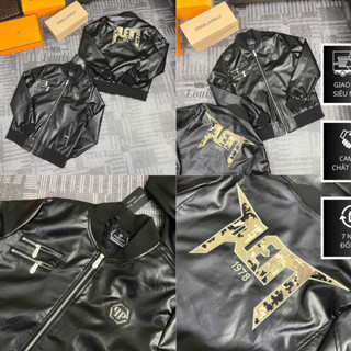  Áo Khoác Da Bomber Philip plein Logo Thêu Phối 2 Khóa Trước Ngực Áo Khoác Bomber Chất Liệu Da Cao Cấp 