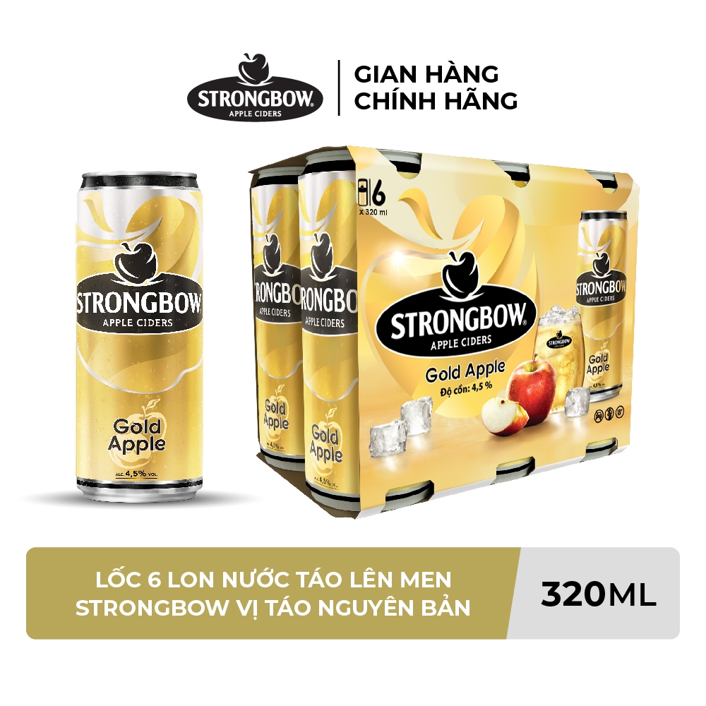 ĐỘ CỒN 4.5% - Lốc 6 lon nước táo lên men Strongbow Vị Táo Nguyên bản 320ml/lon