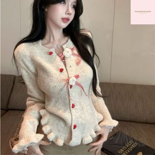 Áo Khoác Cadigan Lông Thỏ, Áo Len Dệt Kim Cài Cúc Tim Đỏ Phối Hoa Ruy Băng Viền Bèo Tiểu Thư Hàng Qccc Nanganhchuyensi