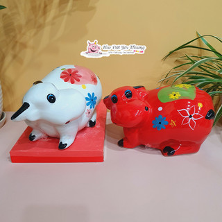 Ống tiết kiệm trâu đất ngộ nghĩnh gốm sứ size 1 lợn đất, trang trí nhà cửa, quà lưu niệm đồ chơi cho bé
