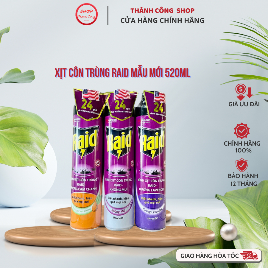 Xịt Côn Trùng Raid Mẫu Mới 520ml Không Mùi - Cam Chanh - Lavender