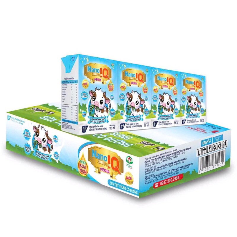 Sữa Tươi Nano IQ 110ml, Có đường, Ít đường - 1 thùng/12vỉ/48hộp/110ml