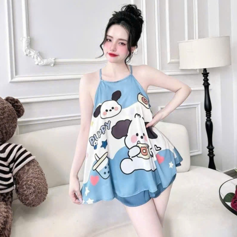 Đồ ngủ sexy 2 dây, bộ ngủ lụa phi, set đồ mặc nhà yếm in họa tiết 3D gợi cảm CARY | BigBuy360 - bigbuy360.vn