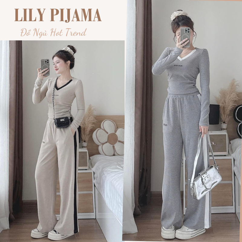Set đồ nữ dài tay thể thao phong cách năng động Lily, đồ bộ nữ áo thun cổ V phối quần suông cạp chun 3 màu HCOM3335