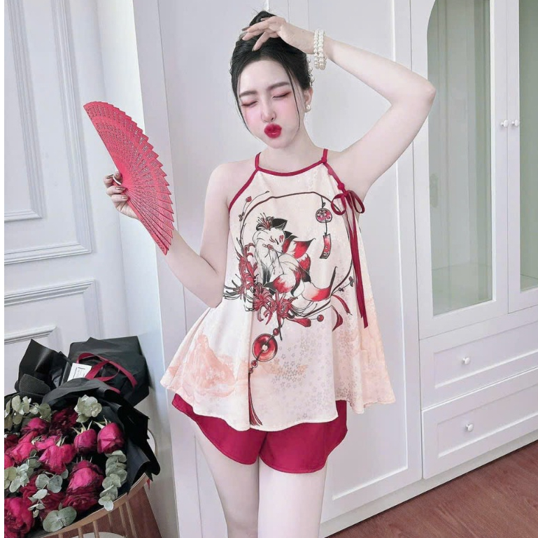 Đồ ngủ sexy 2 dây, bộ ngủ lụa phi, set đồ mặc nhà yếm in họa tiết 3D gợi cảm CARY | BigBuy360 - bigbuy360.vn