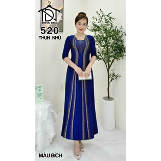 Đầm maxi trung niên dự tiệc sang trọng vải nhung cao cấp đính đá, tặng mẹ co giãn tốt bigsize 80kg M520