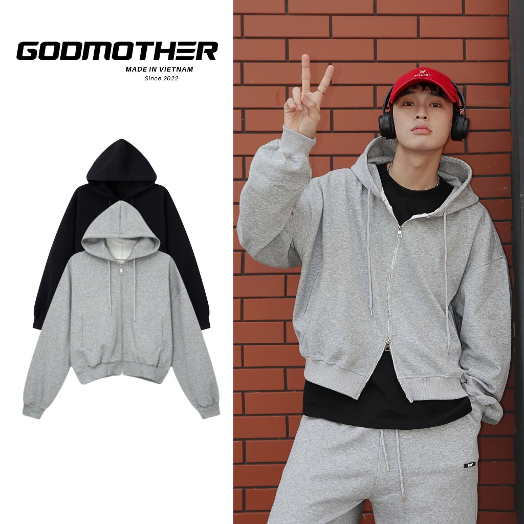  Hoodie Zip Form Boxy GODMOTHER Nỉ 2 Da Khóa 2 Đầu Chống Nắng Unisex Phong Cách Hàn Quốc Đen - Xám 