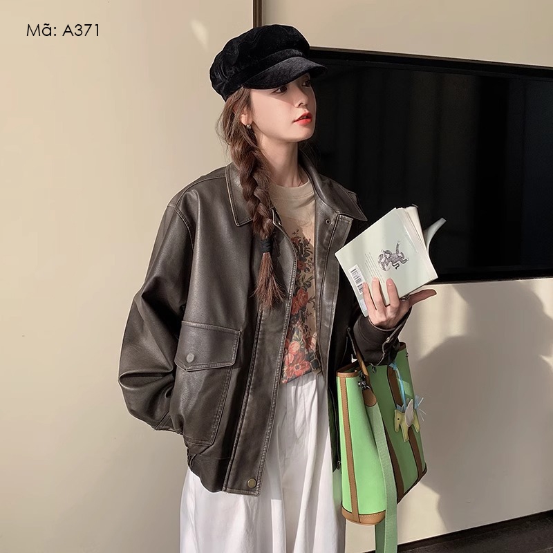 Áo khoác da jacket dài tay KAMAKA cổ đức hai túi - A369