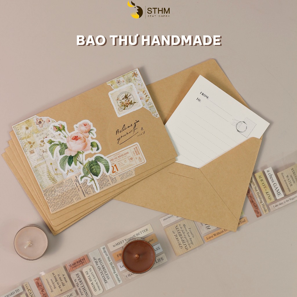 Xấp 5 cái bao thư handmade phong cách vintage, có kèm giấy viết thư bên trong - STHM stationery