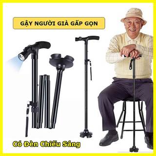 Gậy Chống Chân Kim Loại Chống Trượt Gấp Gọn Cho Người Già Có Đèn Pin, Điều Chỉnh Được Độ Cao, Đế Cao Sư Siêu Bám