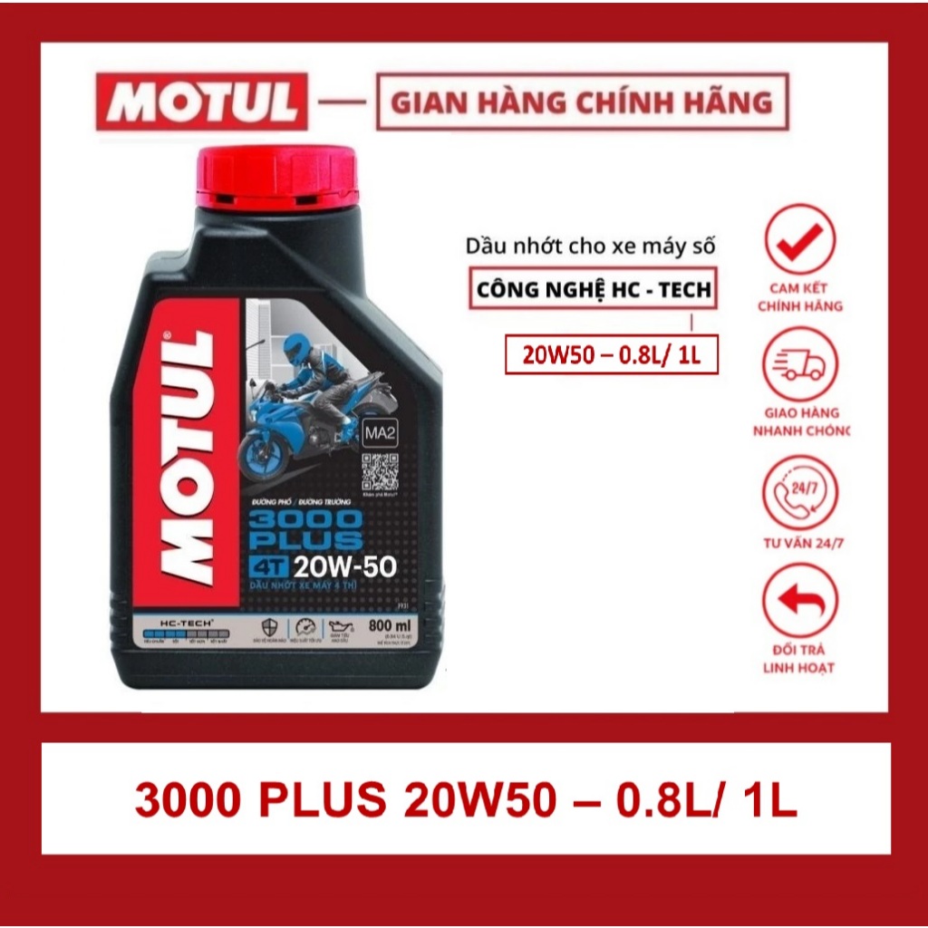 DẦU NHỚT DÀNH CHO XE SỐ/ XE TAY CÔN MOTUL 3000 PLUS 4T 20W50 0.8ml vs 1 Lít