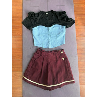 set áo croptop jean quần giả váy đỏ