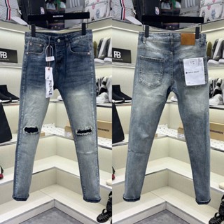Quần jean bò nam Purple slimfit wash xanh bạc mài rách to hai gối lót vải 4 cúc mác lụa boy phố QJ620P
