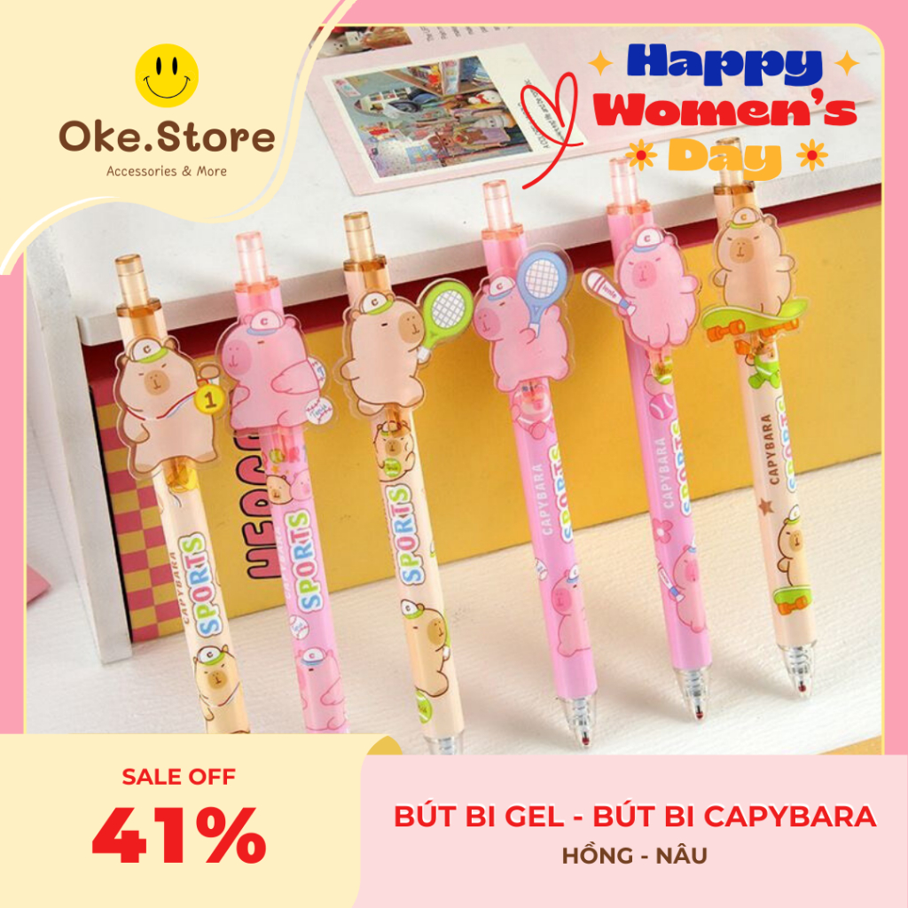 Bút bi gel, bút bi bấm, bút bi đen Oke Store hình Capybara mực đen ngòi bút bi 0.5mm 7BU1