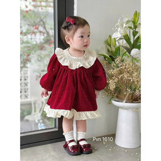 váy bé gái, váy nhung đỏ cổ sen đuôi cá babydoll cho bé diện tết noel