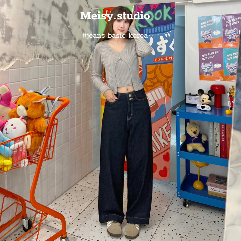 Quần jeans nữ ống rộng nữ màu xanh đen chất Jeans dày dặn gấu 4cm cạp 2 khuy phong cách basic Hàn Quốc Meisy