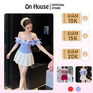 Áo kiểu nữ trễ vai nhún ngực kẻ caro nhúng bèo tiểu thư, tay cột nơ, may bo chun ON House CR154