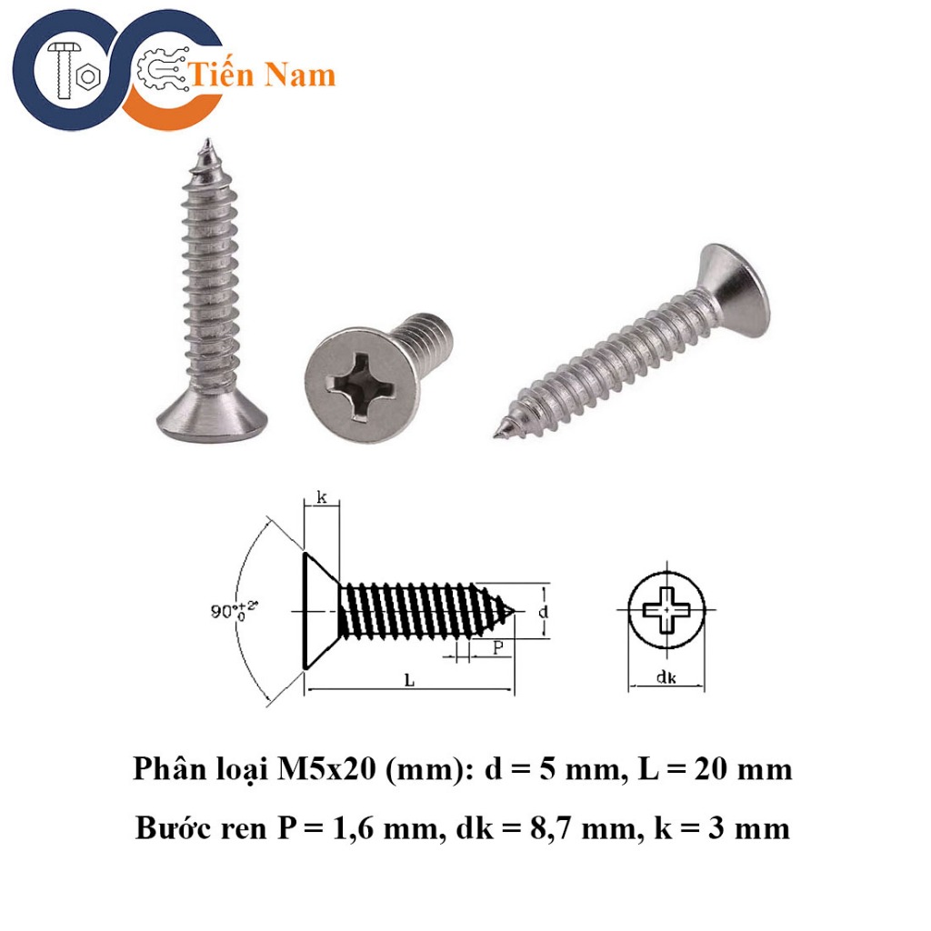 Vít bake đầu bằng đuôi nhọn ren thưa inox 304 M5x20 - túi 10 con