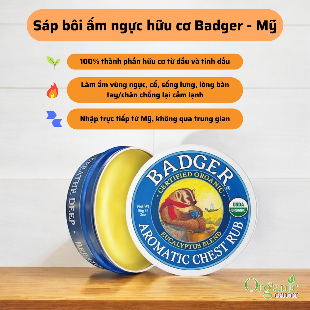 Sáp Hữu Cơ Làm Ấm Ngực Badger - Hỗ Trợ Hô Hấp Dễ Dàng, Làm Ấm và Thư Giãn